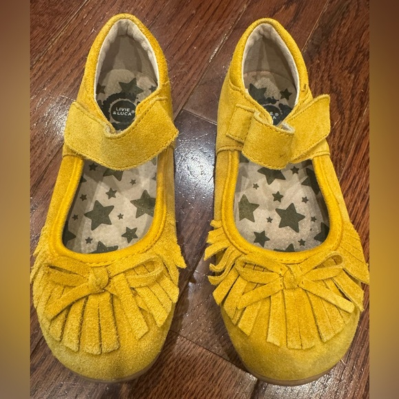 Livie & Luca Other - Livie & Luca Yellow Suede Leather Willow Mary Jane Shoes Bow Fringe Toddler 12